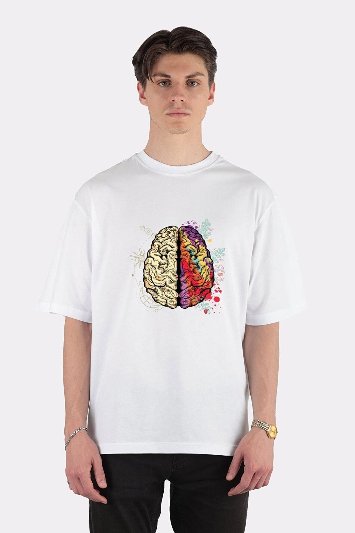 Unisex Beyaz Oversize T-shirt Creative Logical Brain