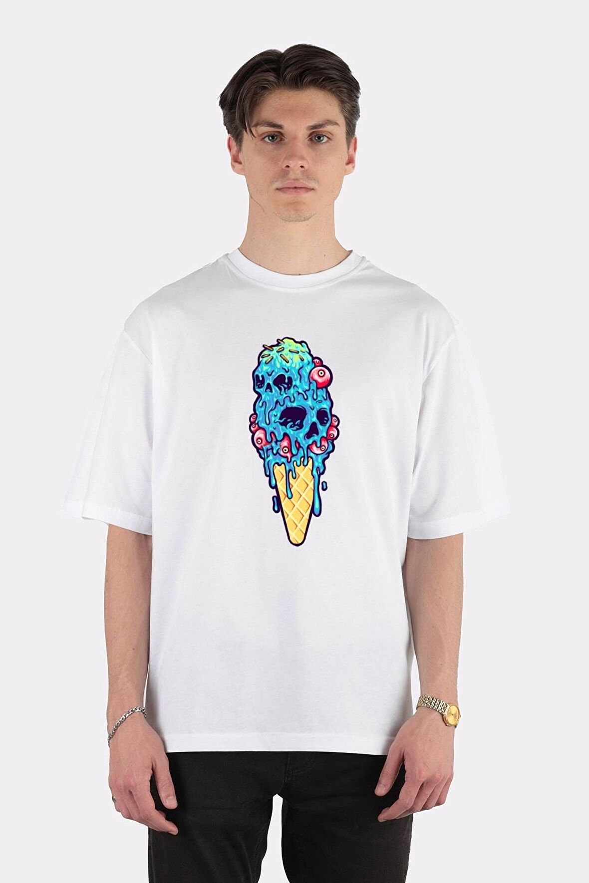 Unisex Beyaz Oversize T-shirt Creepy Ice Cream Cone Skull