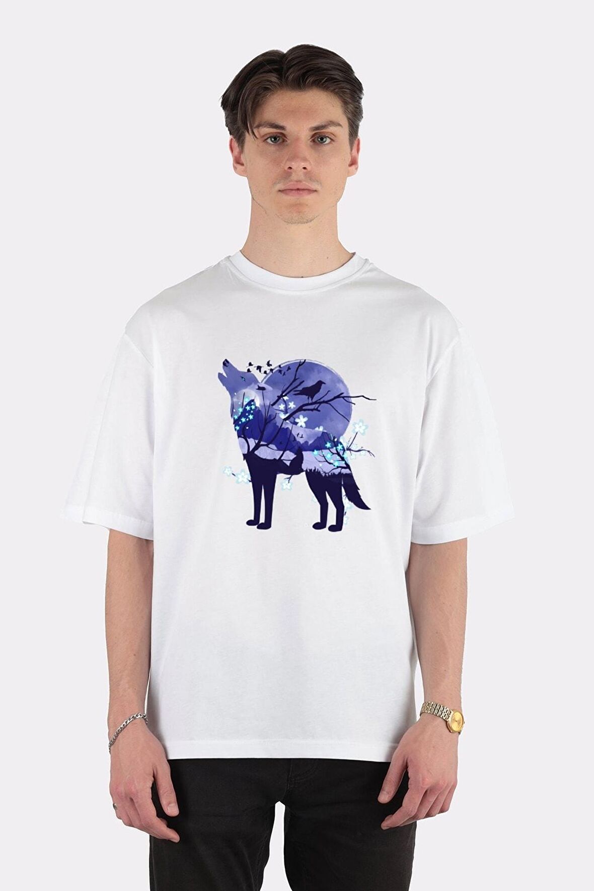 Unisex Beyaz Oversize T-shirt Dark Forest Wolf