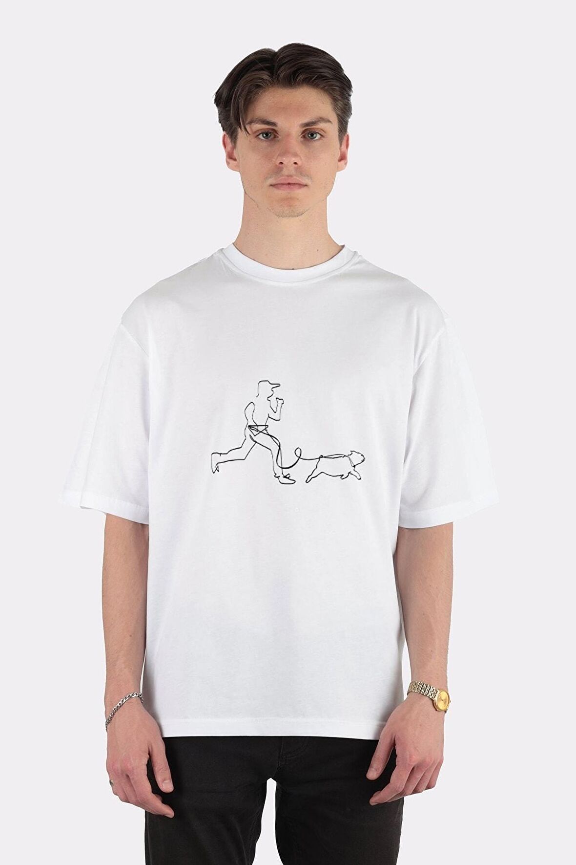 Unisex Beyaz Oversize T-shirt Dog Run (m) Bulldog