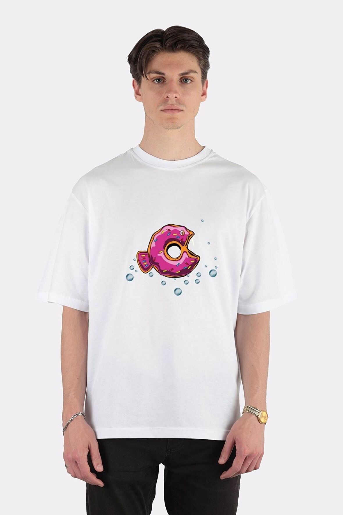 Unisex Beyaz Oversize T-shirt Donut Piranha