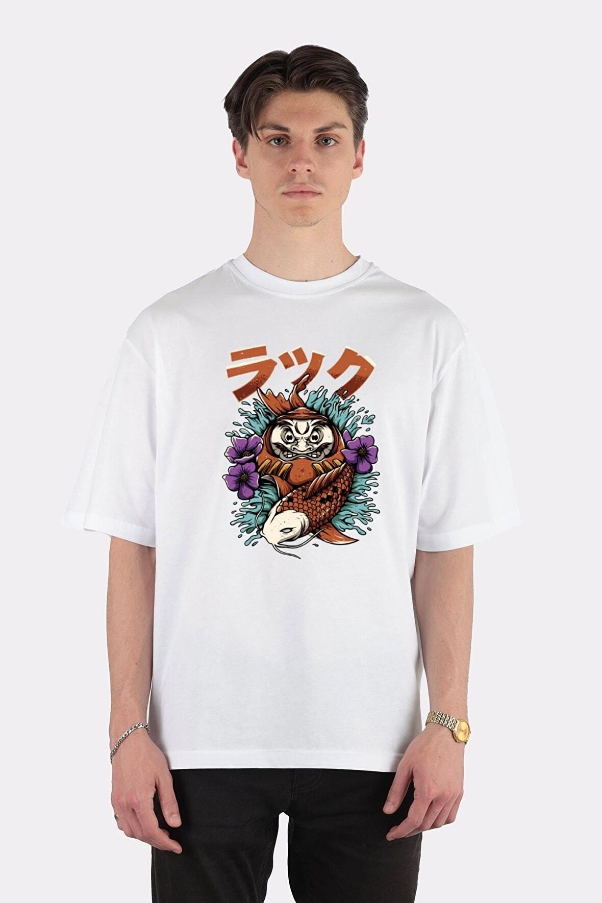 Unisex Beyaz Oversize T-shirt Double Luck