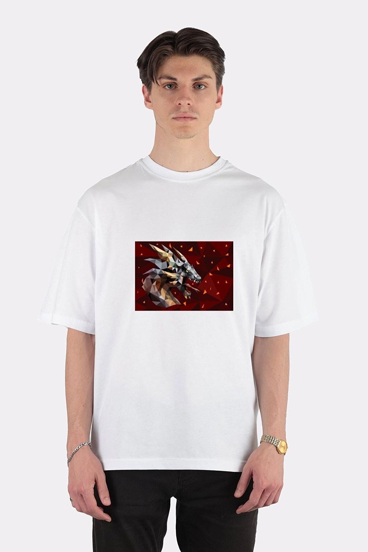 Unisex Beyaz Oversize T-shirt Dragon