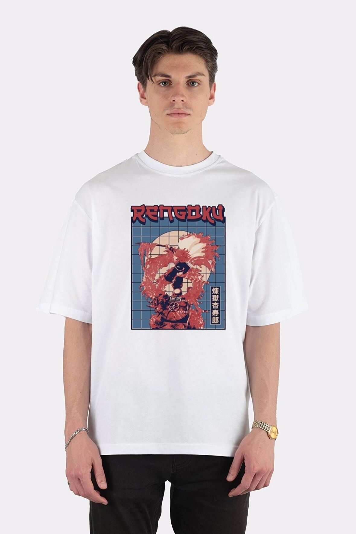 Unisex Beyaz Oversize T-shirt Flame Hashira Kyojuro Rengoku