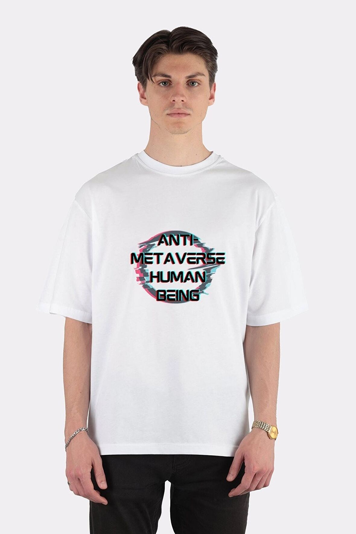 Unisex Beyaz Oversize T-shirt Glitch Anti Metaverse Human Being