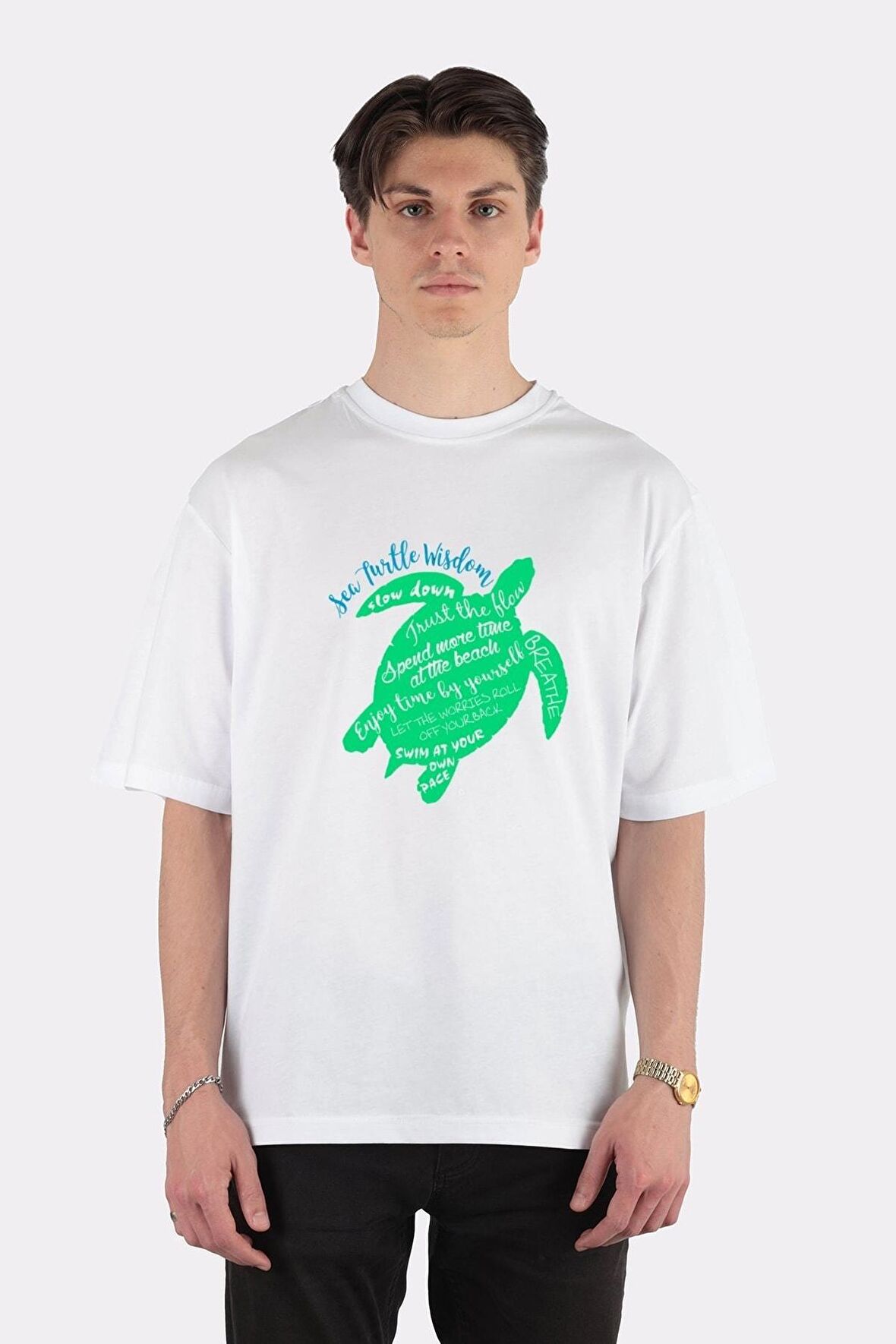 Unisex Beyaz Oversize T-shirt Green Sea Turtle Wisdom