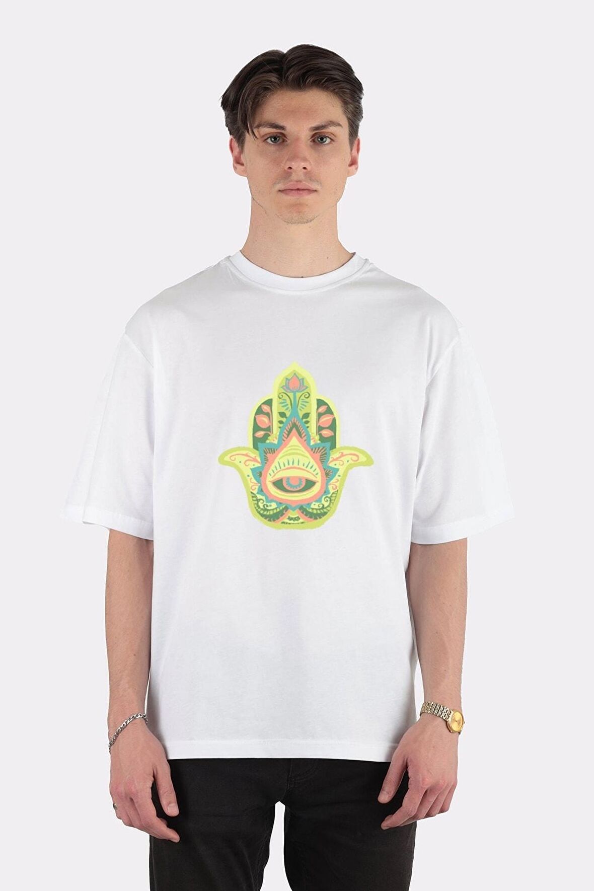 Unisex Beyaz Oversize T-shirt Hamsa Hand - Peridot(august)