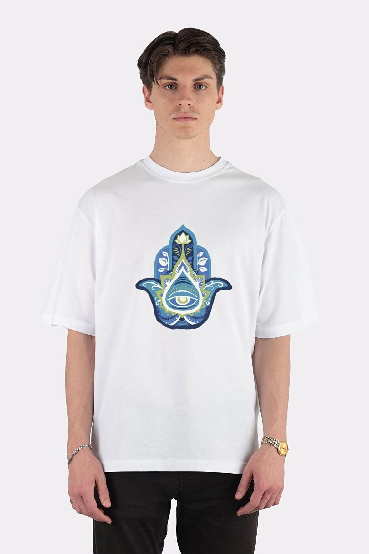 Unisex Beyaz Oversize T-shirt Hamsa Hand - Sapphire(september)