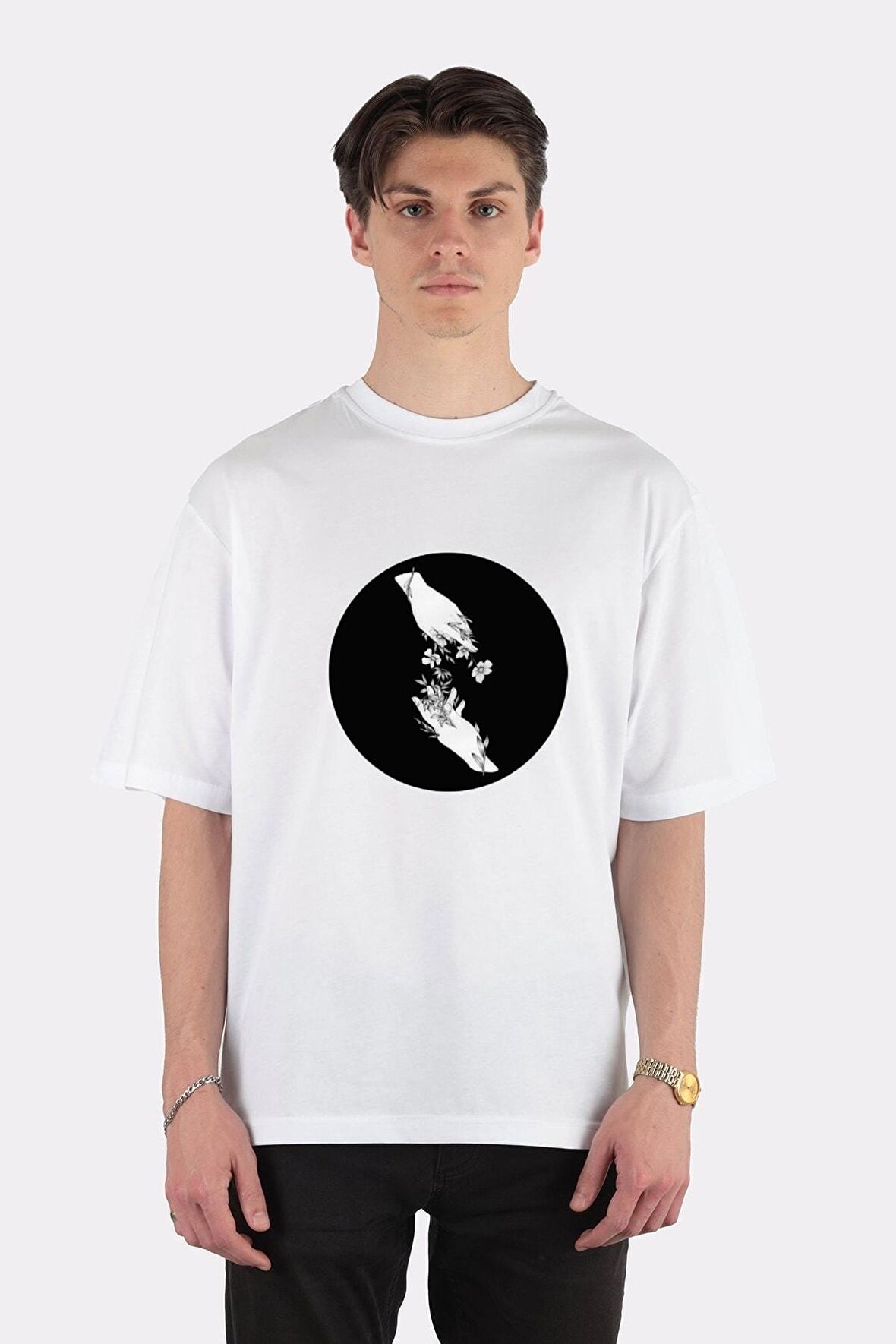 Unisex Beyaz Oversize T-shirt Hands Bloom Flowers