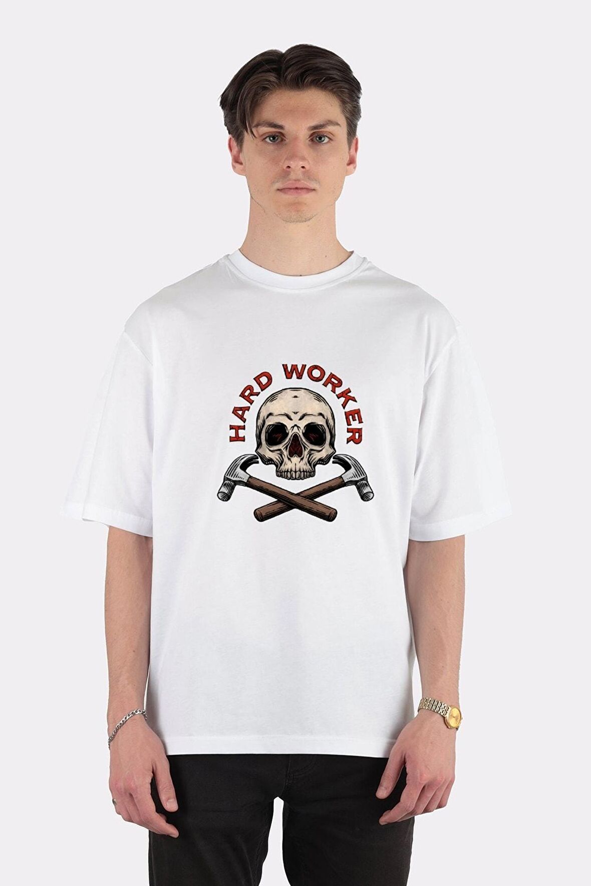 Unisex Beyaz Oversize T-shirt Hard Worker