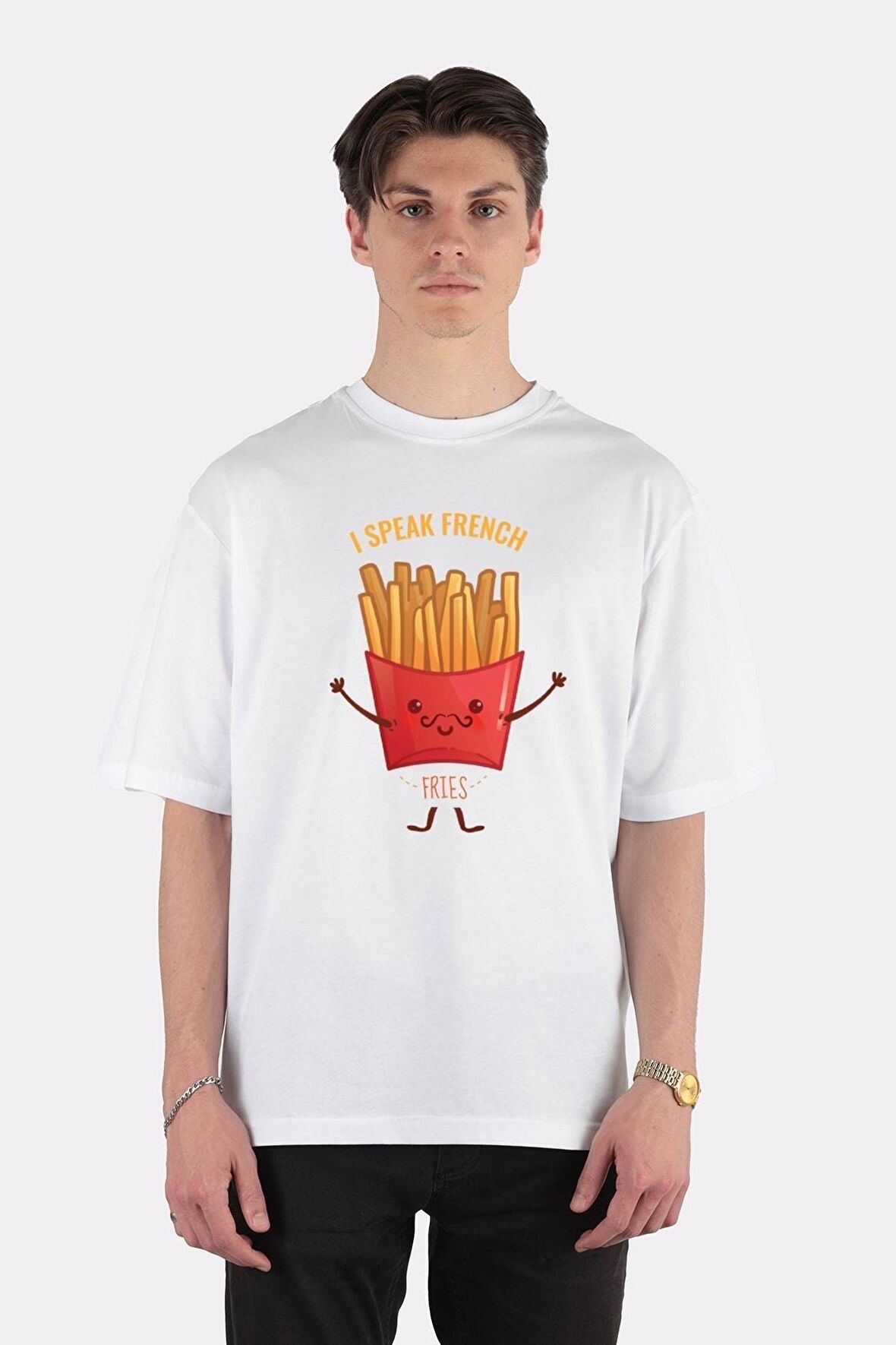Unisex Beyaz Oversize T-shirt I Speak French (fries)