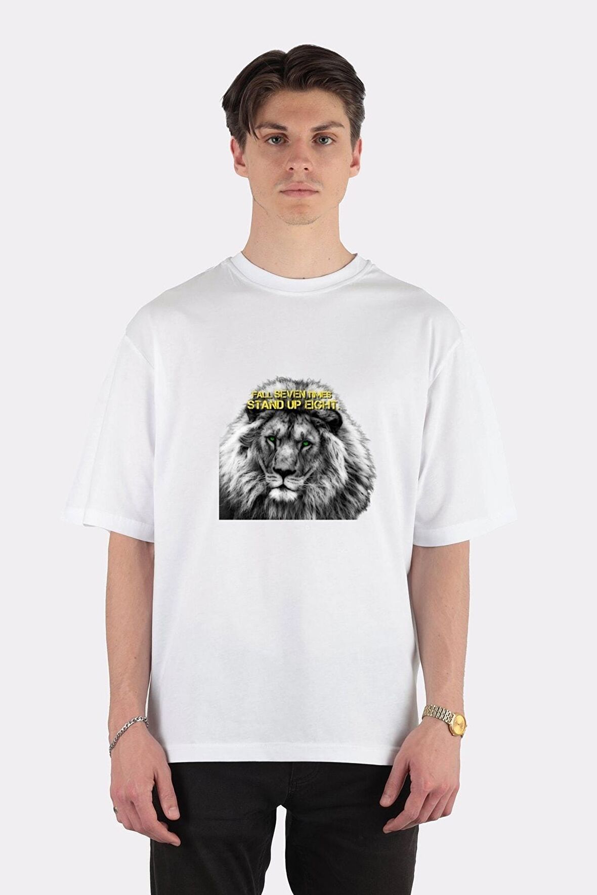 Unisex Beyaz Oversize T-shirt Lion Motivation - Stand Up Eight