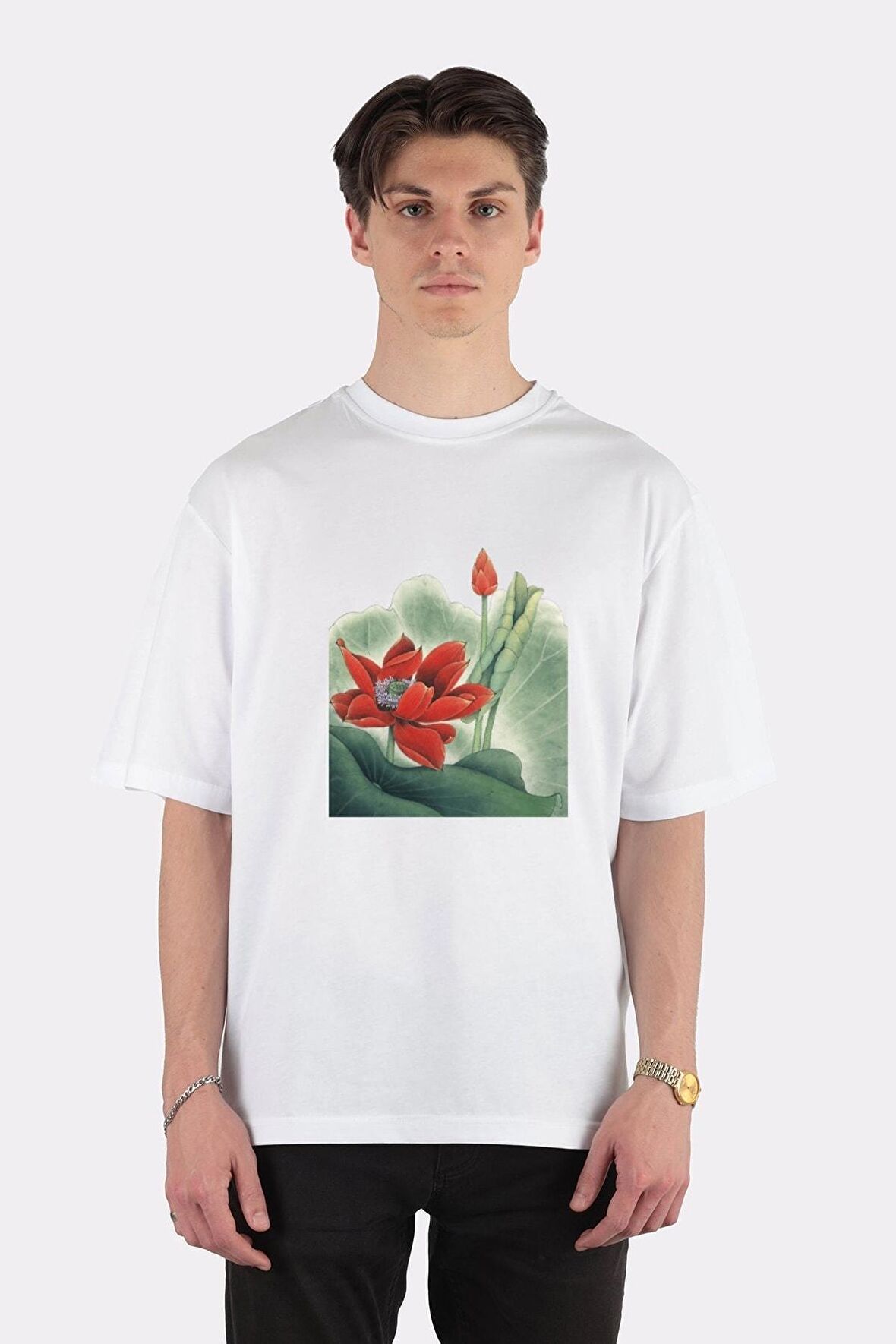 Unisex Beyaz Oversize T-shirt Lotus' Rising Out Of Water