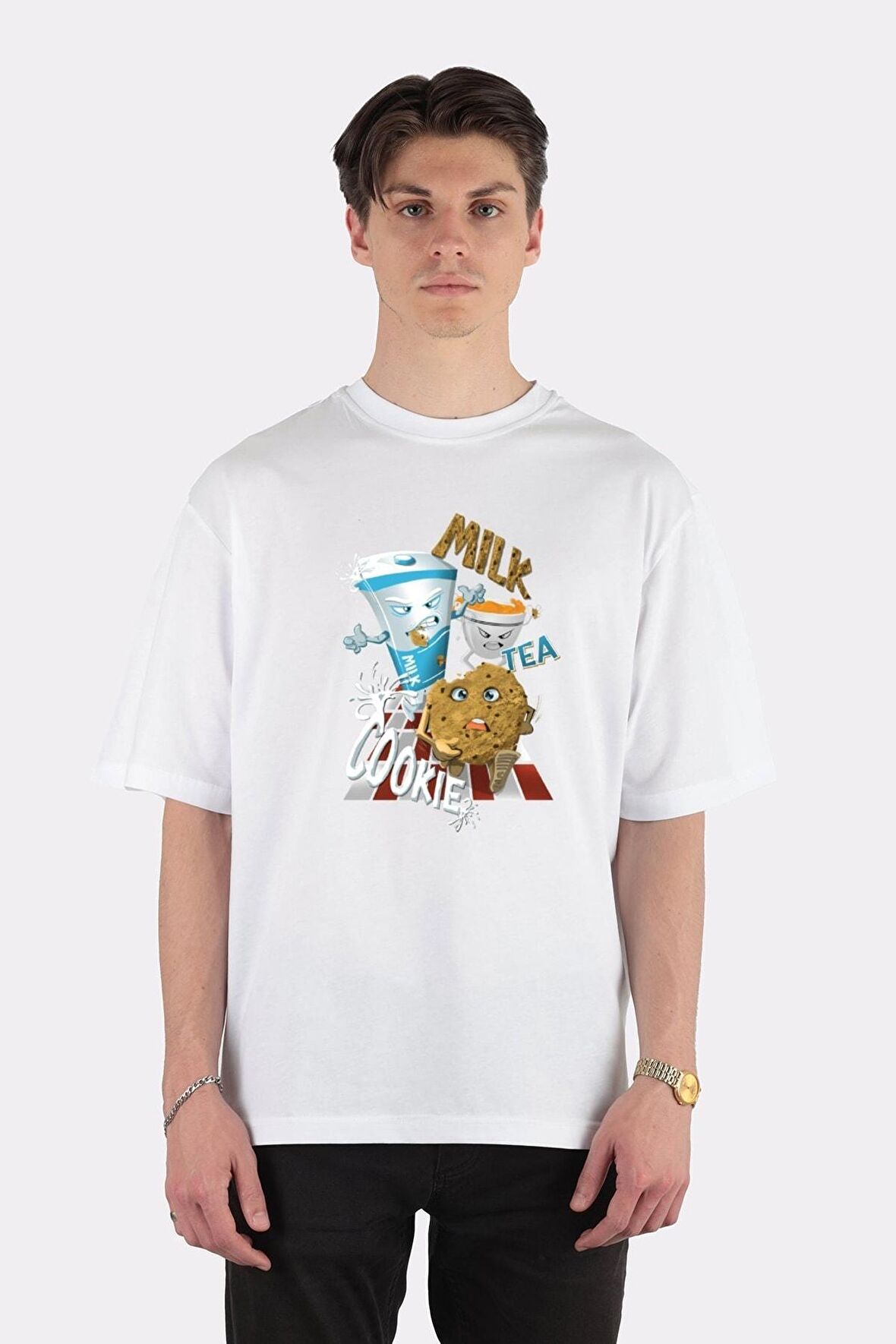 Unisex Beyaz Oversize T-shirt Milk Tea And Cookie
