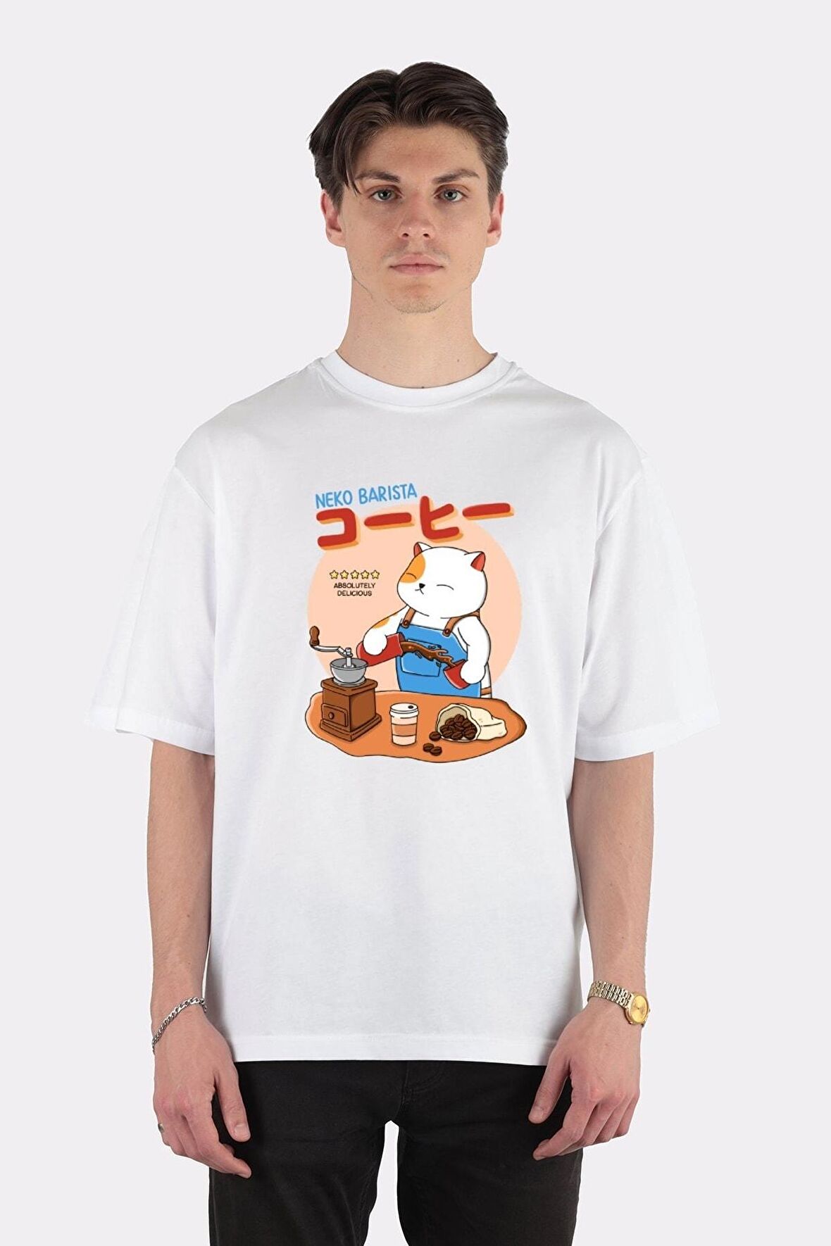 Unisex Beyaz Oversize T-shirt Neko Barista
