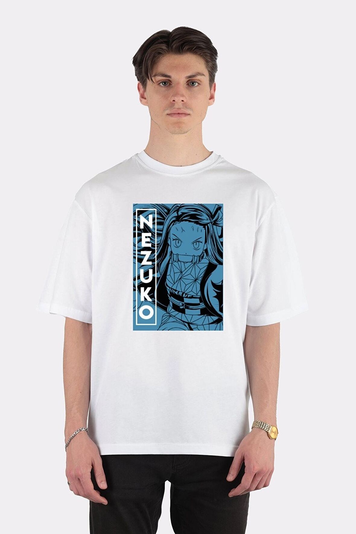 Unisex Beyaz Oversize T-shirt Nezuko Kamado - Demon Slayer - Kimetsu No Yaiba