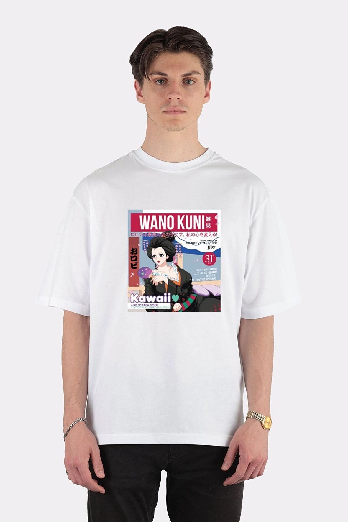 Unisex Beyaz Oversize T-shirt One Piece - Nico Robin Wano Kuni