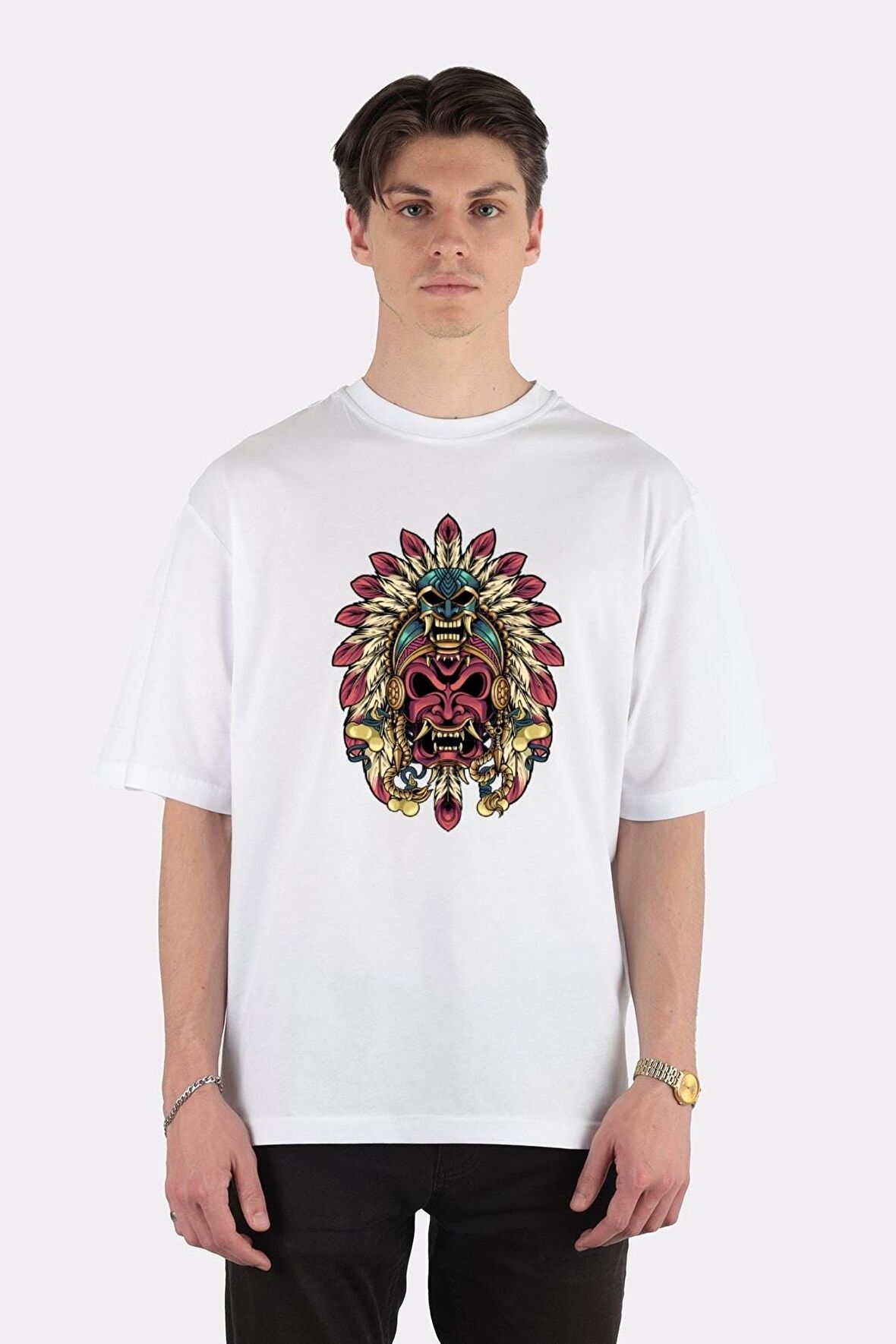 Unisex Beyaz Oversize T-shirt Oni Apache