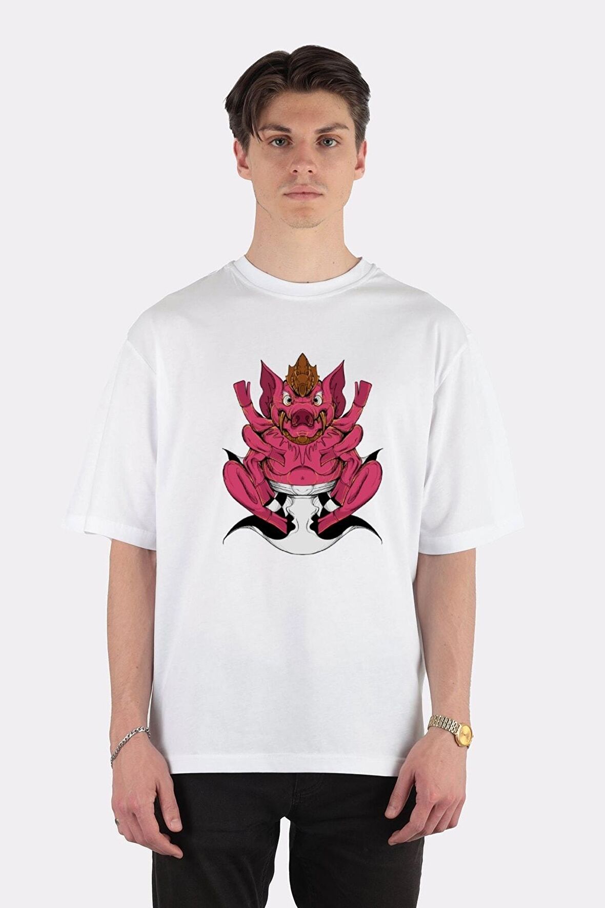 Unisex Beyaz Oversize T-shirt Pink Pig