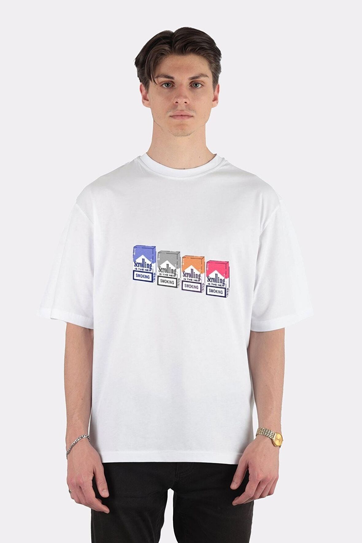 Unisex Beyaz Oversize T-shirt Scrolling Is The New Smoking