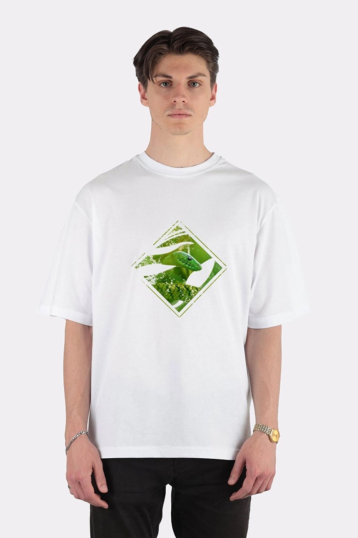 Unisex Beyaz Oversize T-shirt Snake