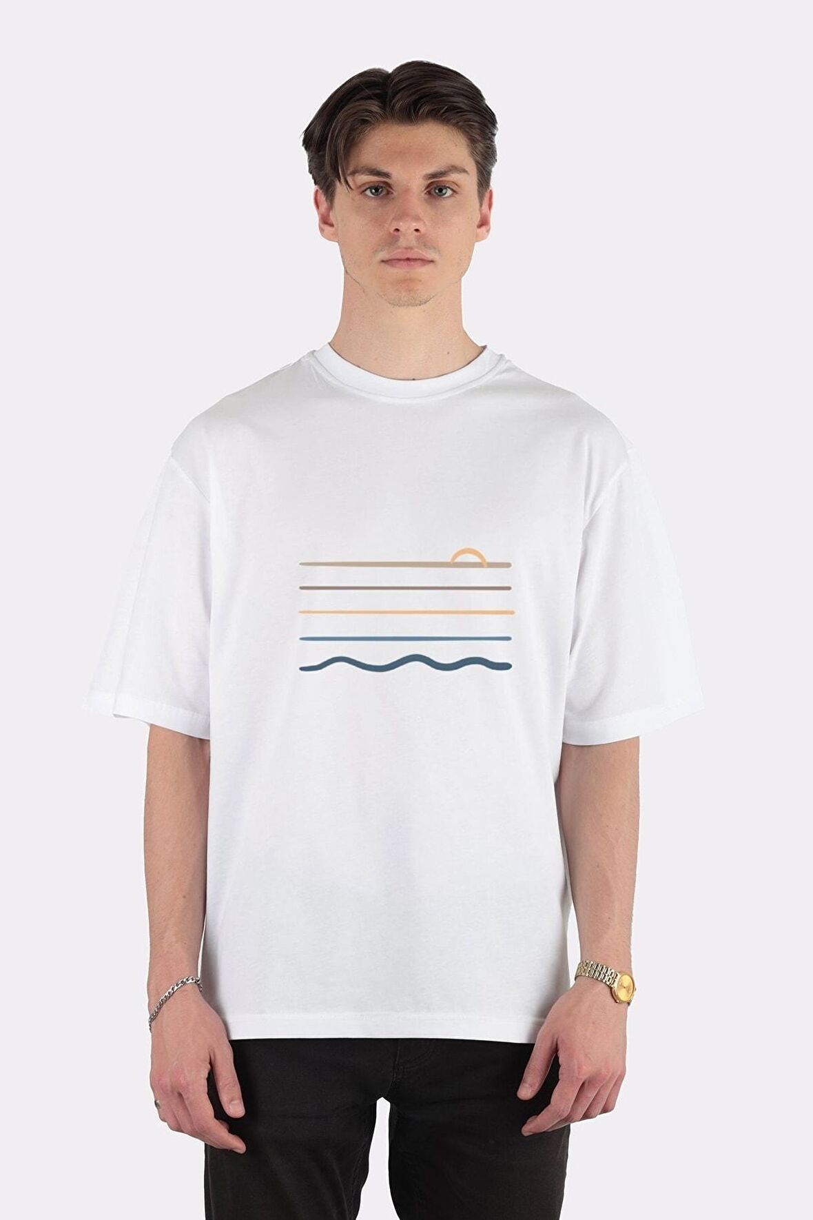 Unisex Beyaz Oversize T-shirt Sunset Beach Day