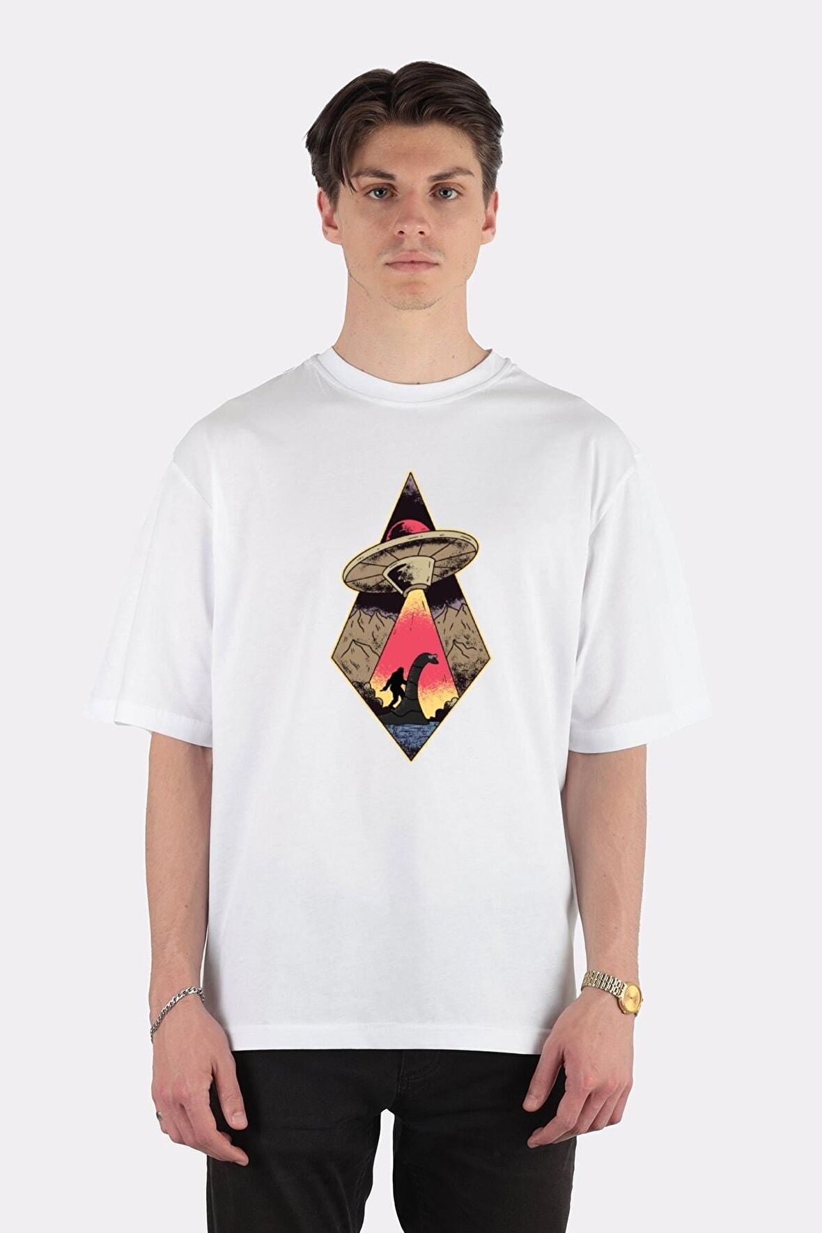 Unisex Beyaz Oversize T-shirt Ufo Bigfoot