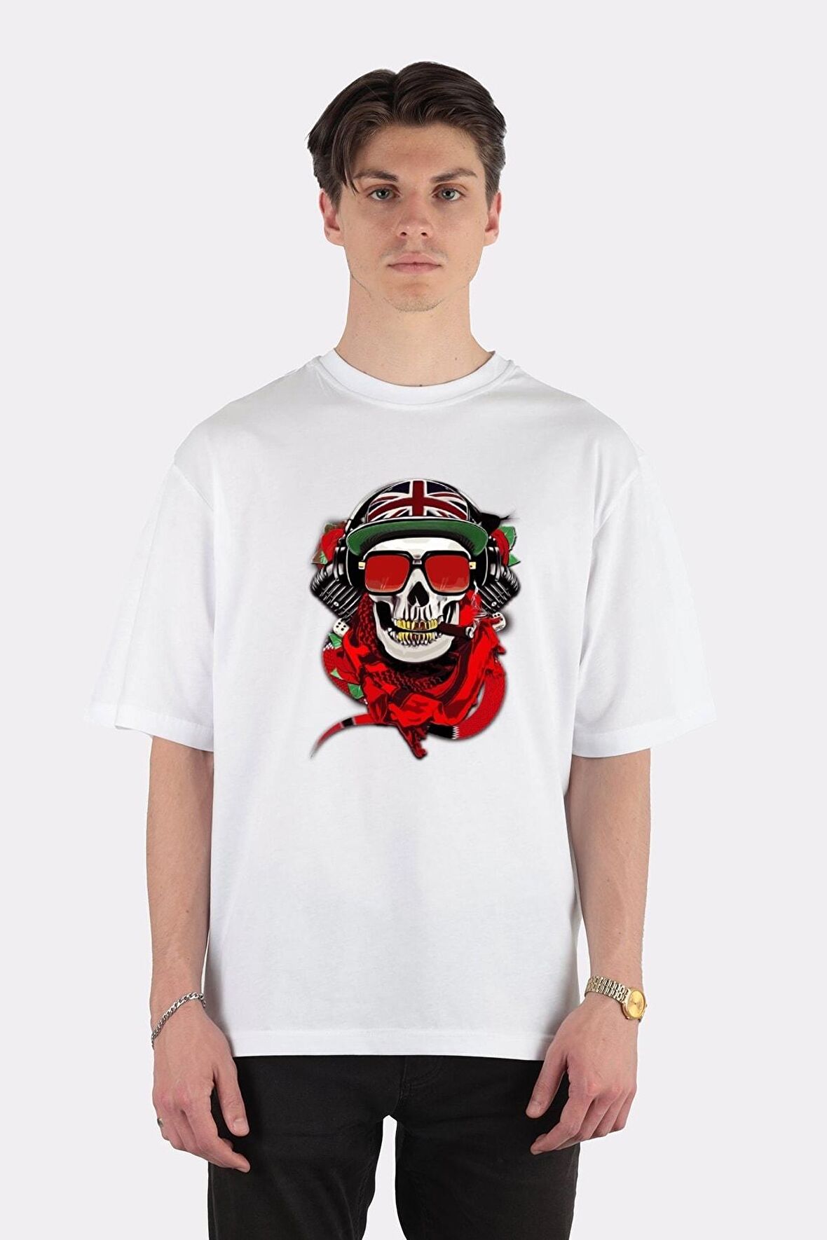 Unisex Beyaz Oversize T-shirt Uk Skull