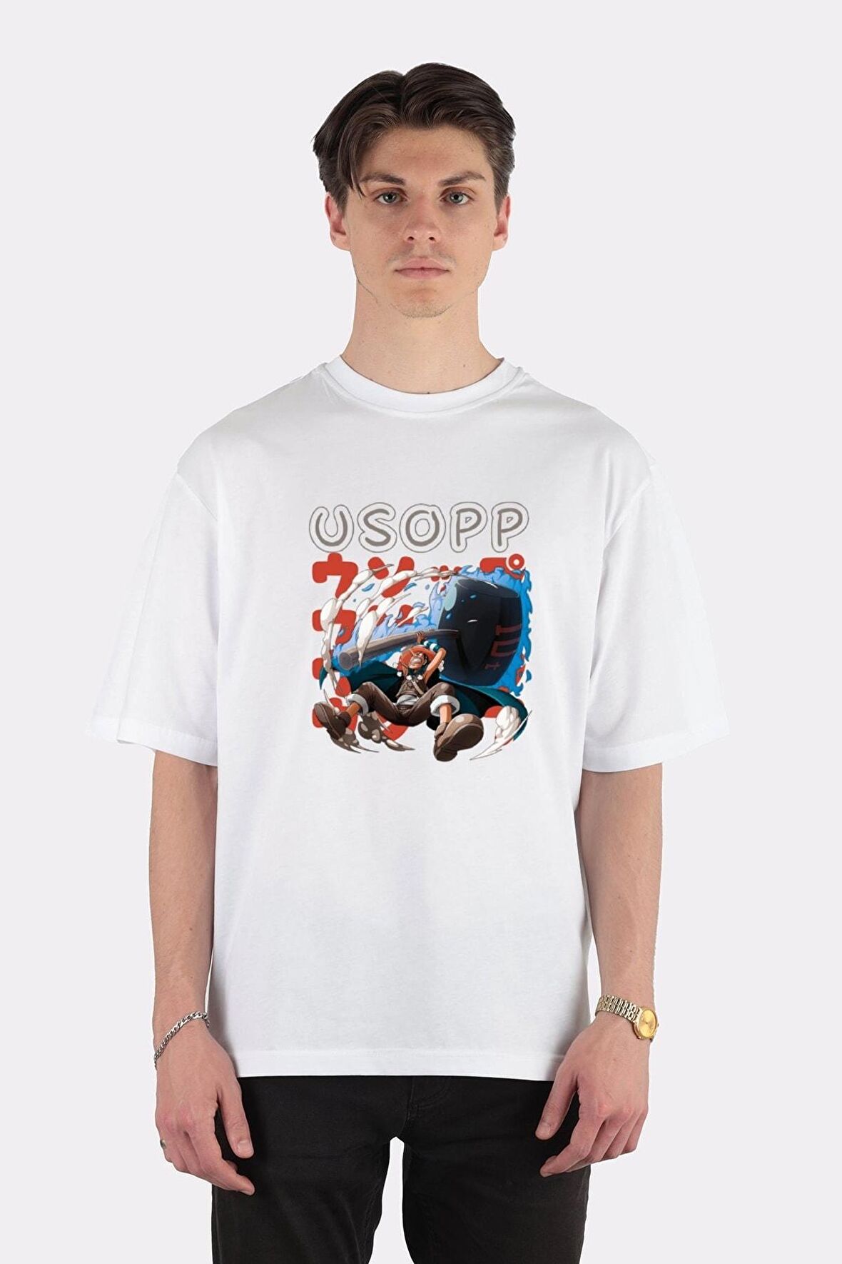 Unisex Beyaz Oversize T-shirt Usopp Strike