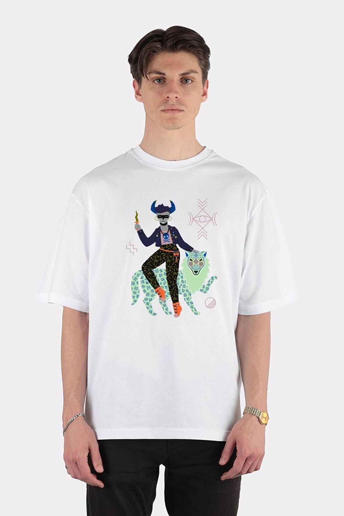 Unisex Beyaz Oversize T-shirt Witch Series Demon