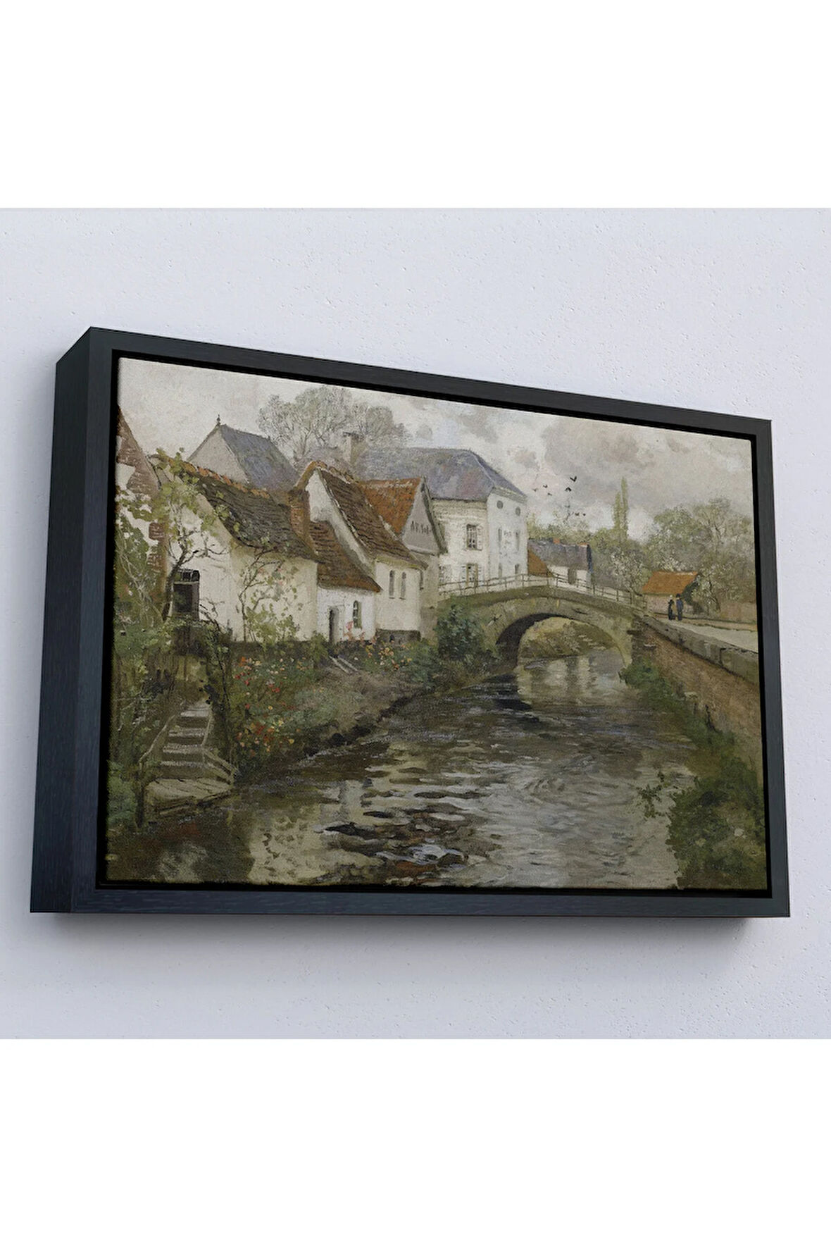 Ahşap Çerçeveli Ortaçağ Alman Köy Kanalı Vintage Tablo