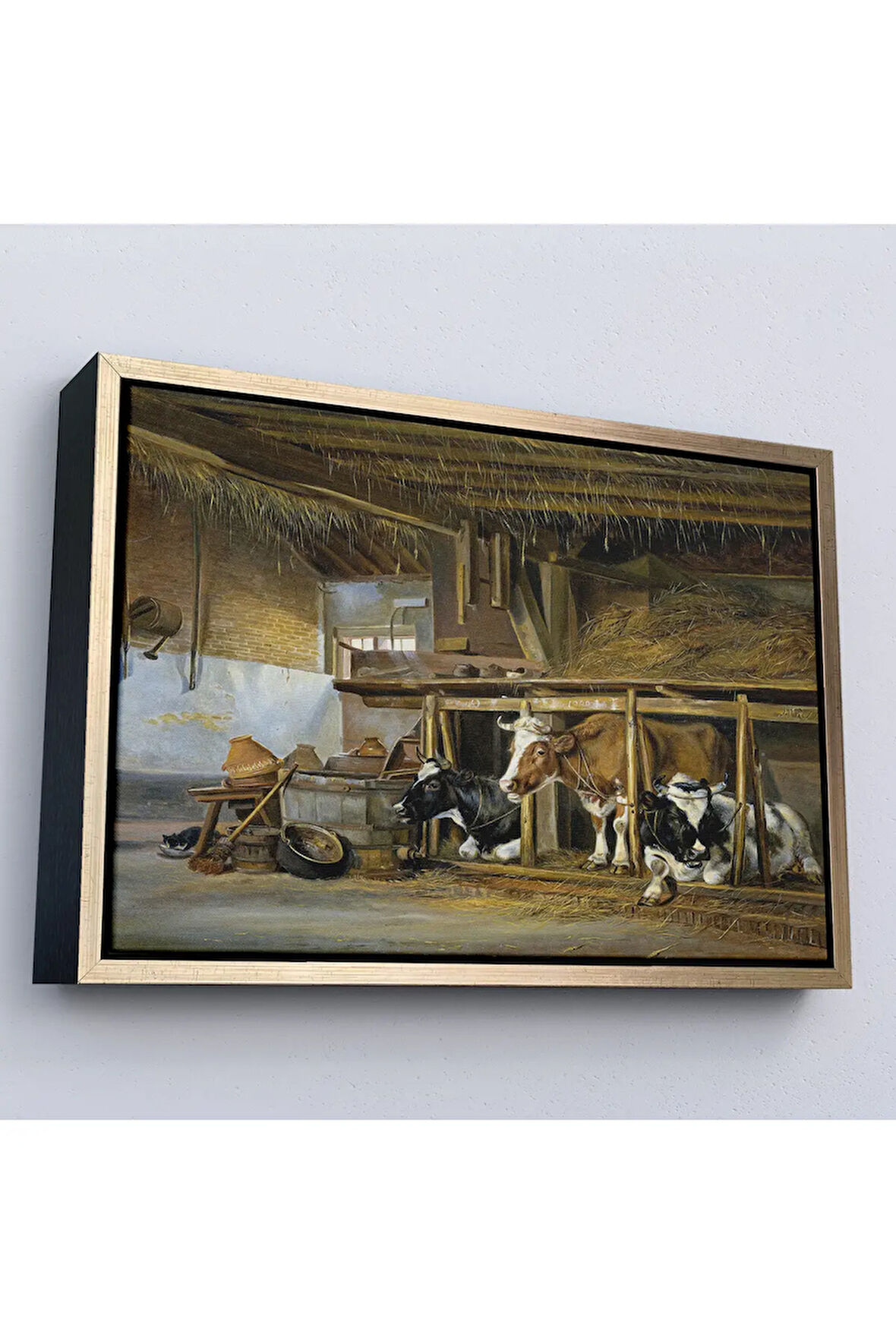 Ahşap Çerçeveli Jan Van Ravenswaay - Ahırdaki Hollanda İnekleri Tablo-7064