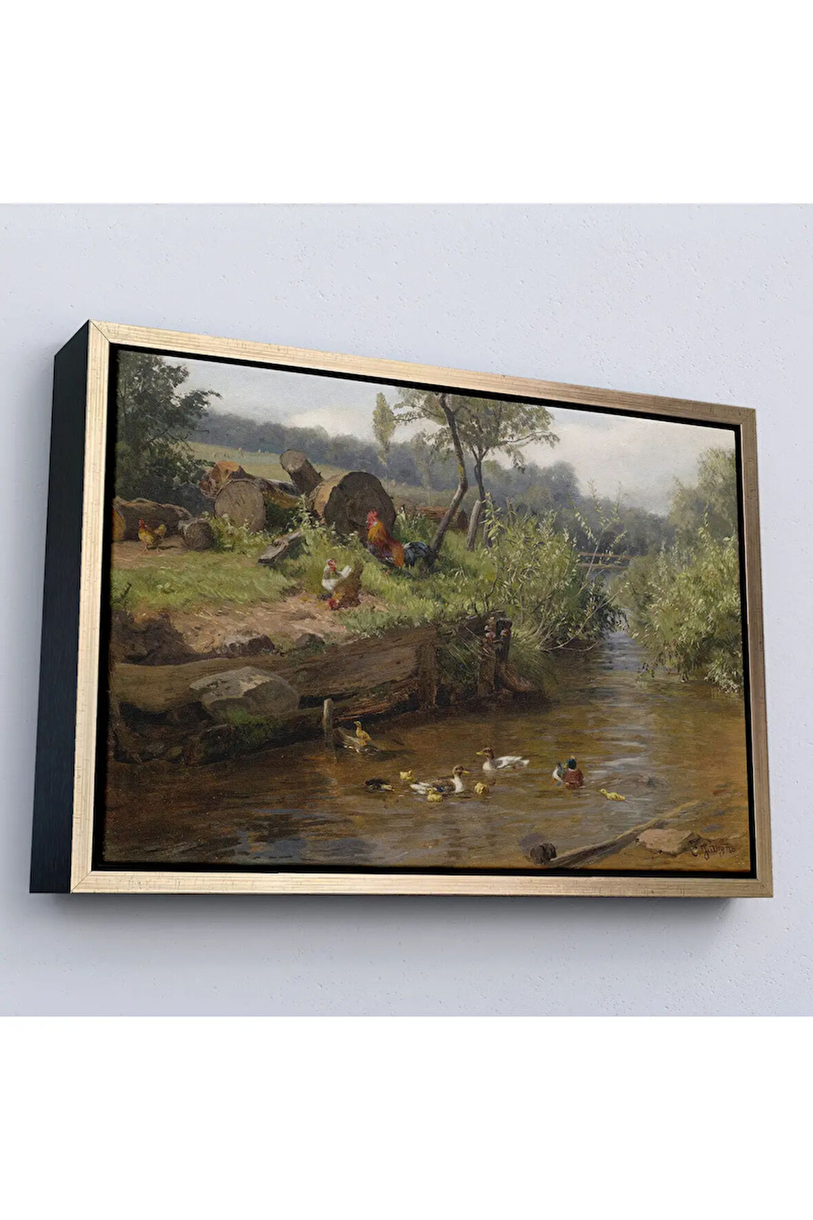 Ahşap Çerçeveli Carl Jutz - Ördek Ailesi Tablosu-7072