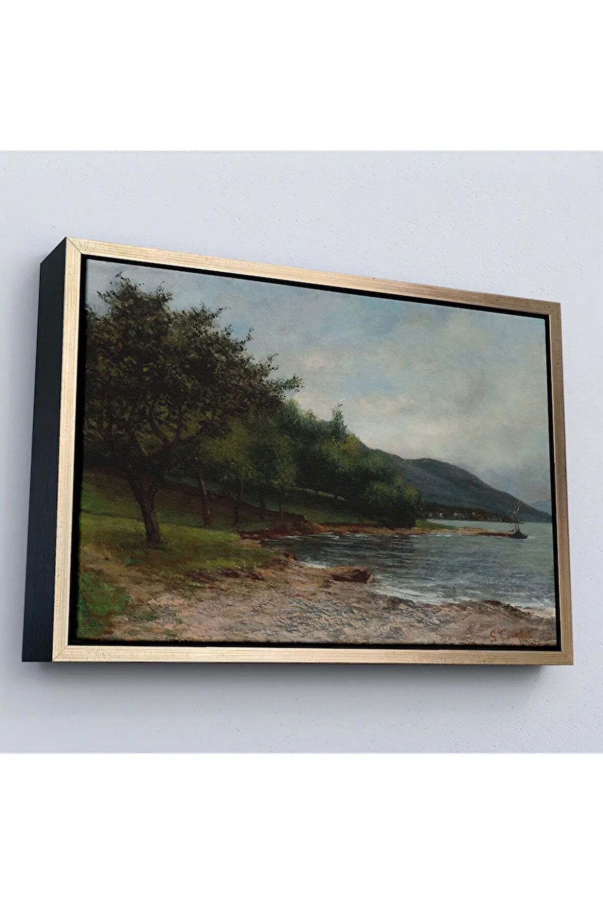 Ahşap Çerçeveli Gustave Courbet - Göl Kıyısı Geneva Tablosu-7092