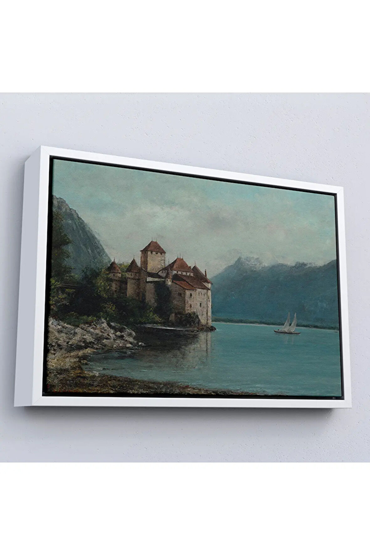 Ahşap Çerçeveli Gustave Courbet - Cenevre Gölü'Ndeki Chillon Kalesi Tablo-7094