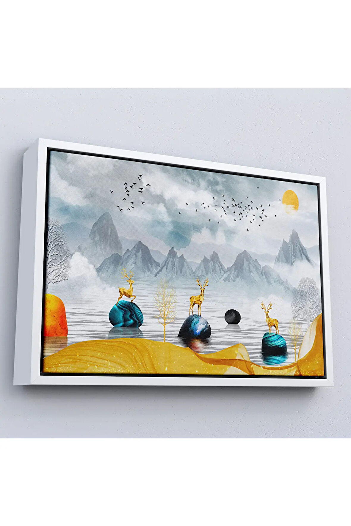 Ahşap Çerçeveli 3D Modern Tasarım Altın Geyikler Tablosu-7196