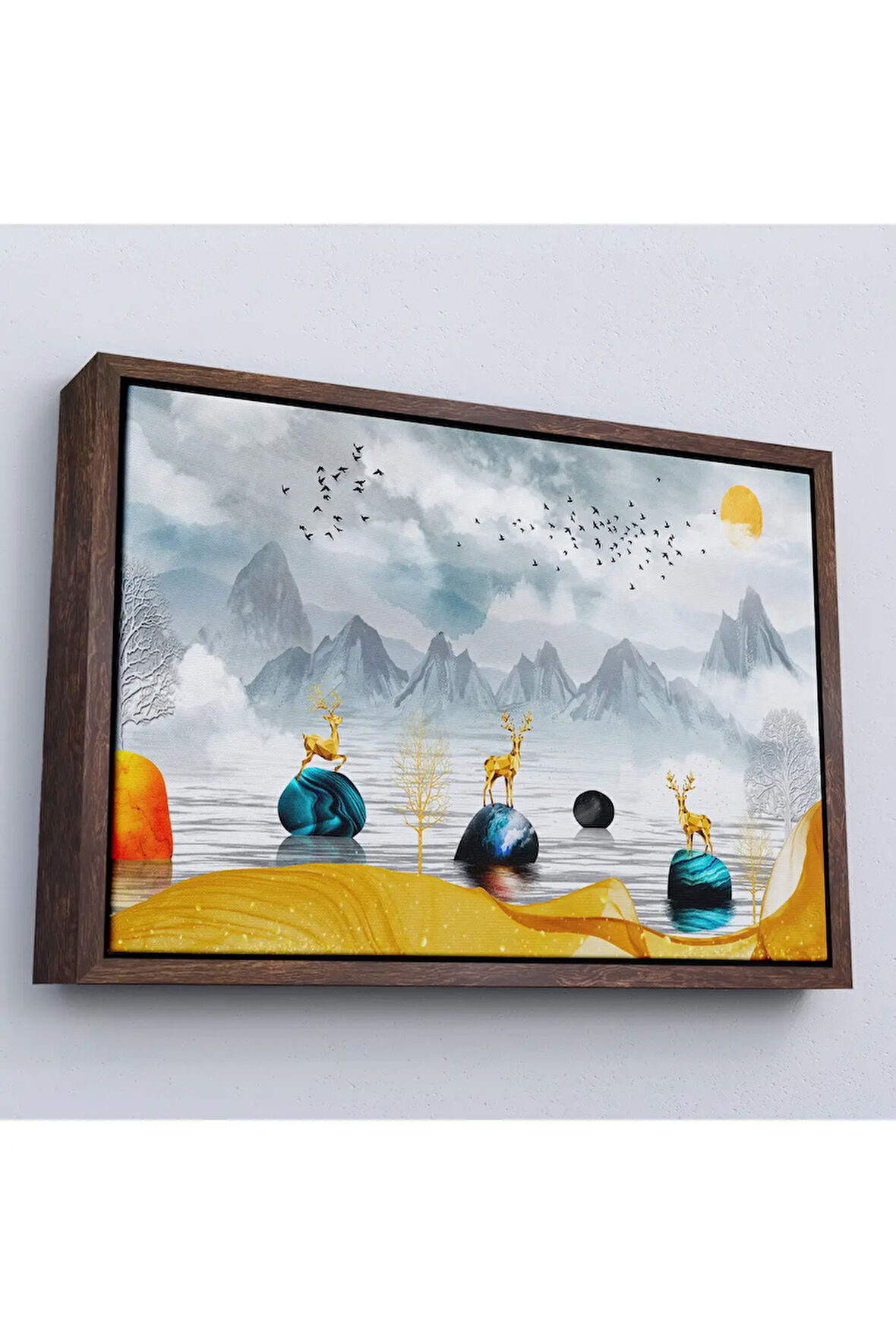 Ahşap Çerçeveli 3D Modern Tasarım Altın Geyikler Tablosu-7196