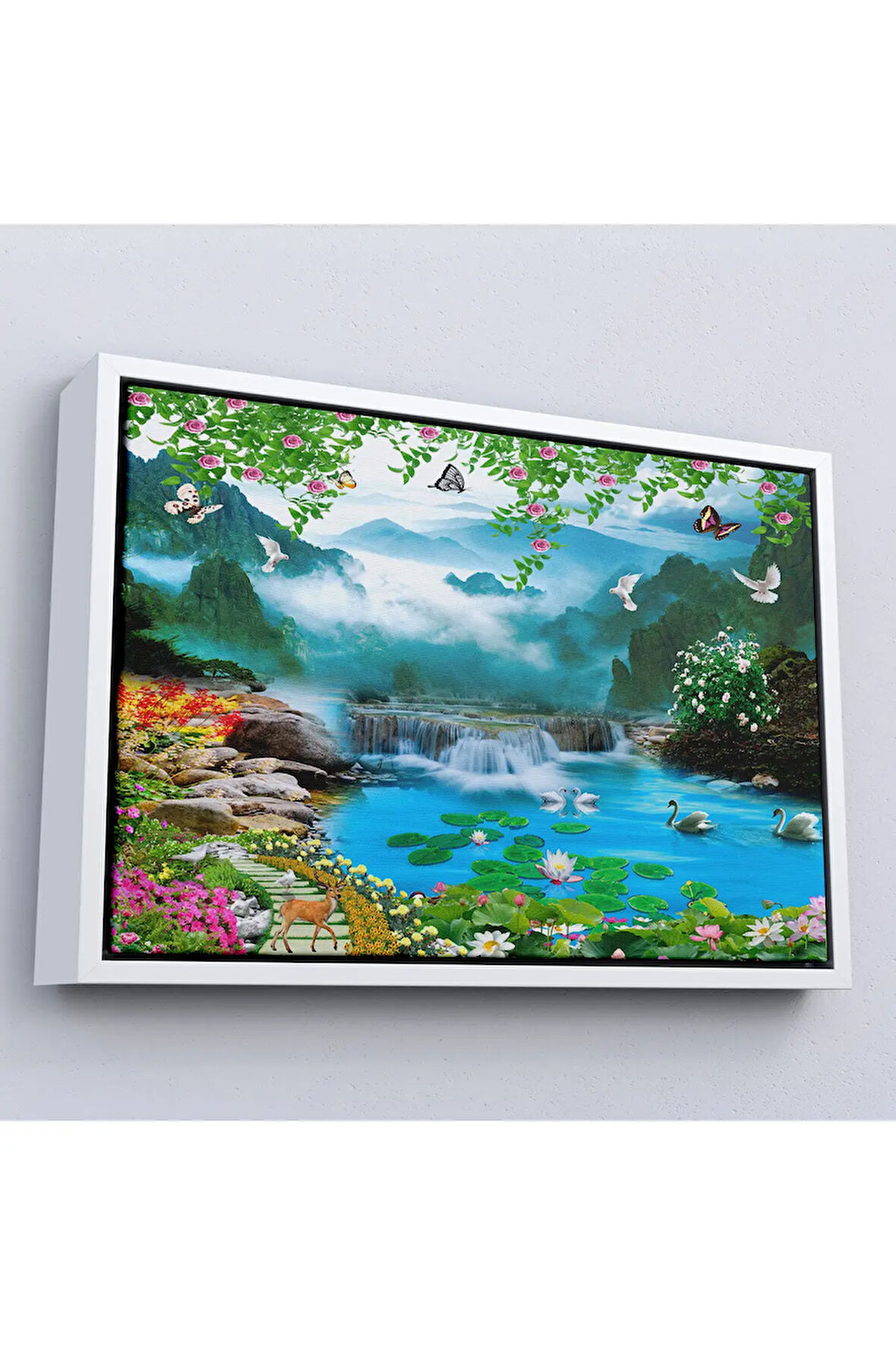 Ahşap Çerçeveli Renkli Çiçekler Ve Şelale Manzara Tablo-7197