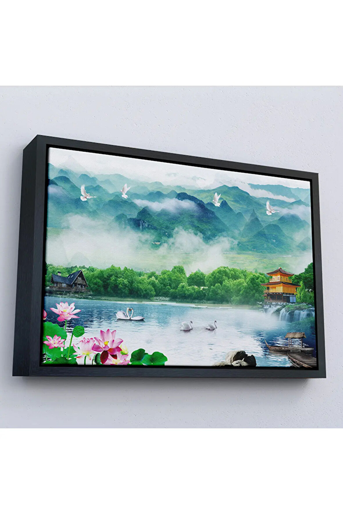 Ahşap Çerçeveli Göldeki Pelikanlar Manzara Tablosu-7198