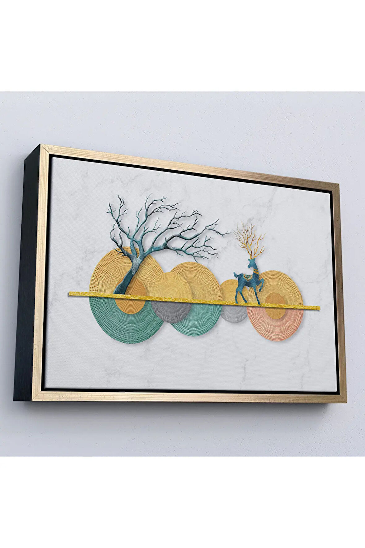 Ahşap Çerçeveli Modern Geometrik Dairelerden Ve Geyikler Tablosu-7224