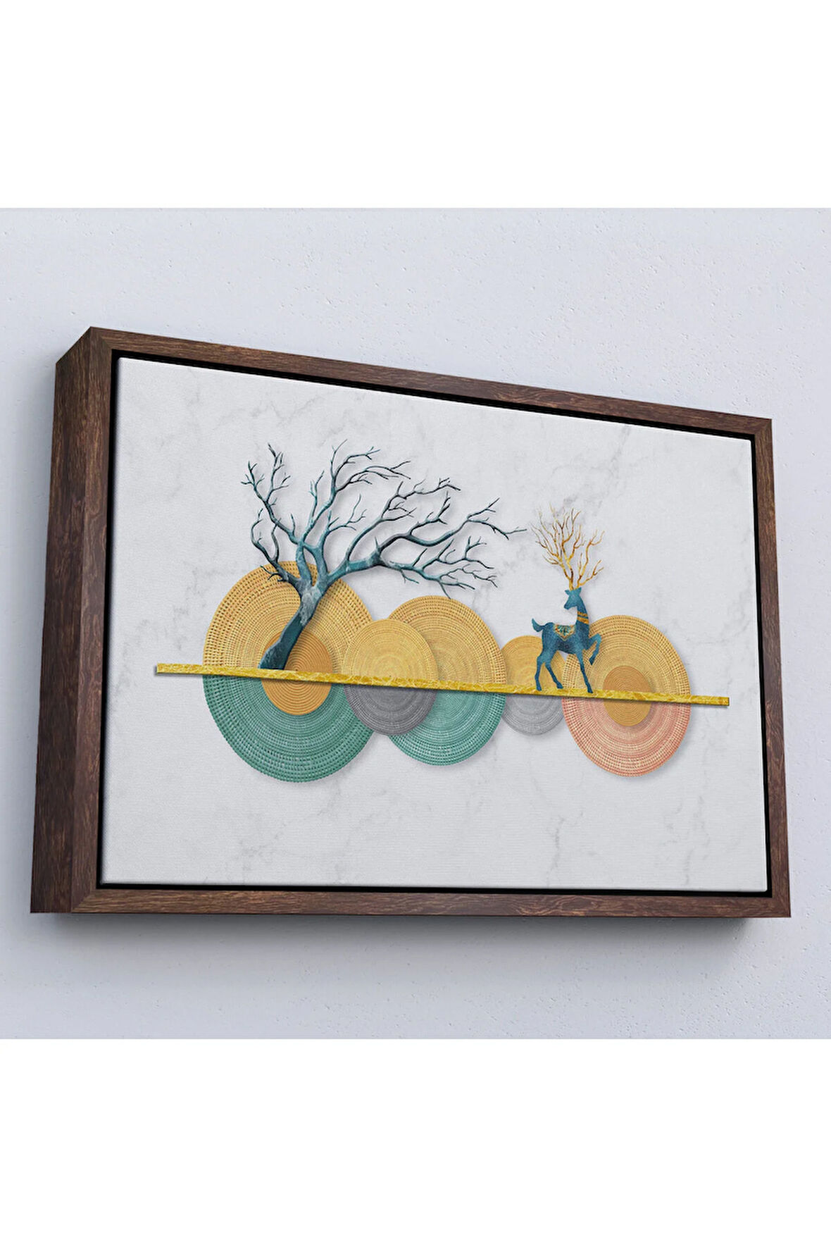 Ahşap Çerçeveli Modern Geometrik Dairelerden Ve Geyikler Tablosu-7224