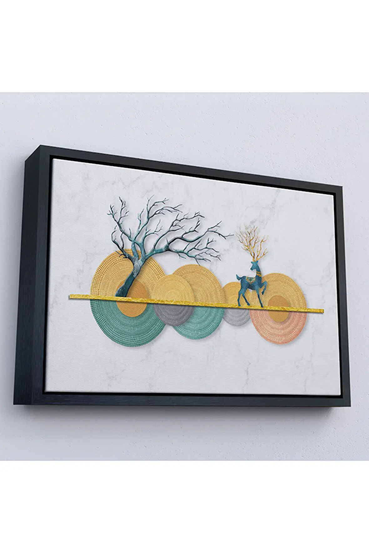 Ahşap Çerçeveli Modern Geometrik Dairelerden Ve Geyikler Tablosu-7224