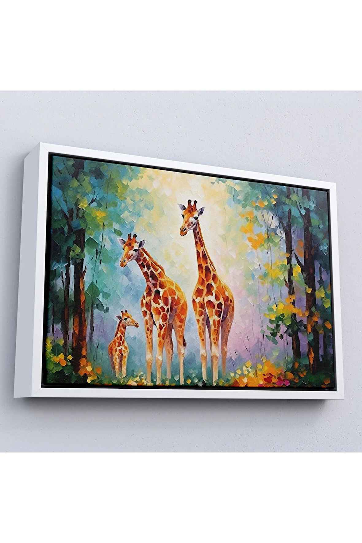 Ahşap Çerçeveli Ormandaki Ağaçların Altında Dinlenen Zürafa Aile Tablosu-7229