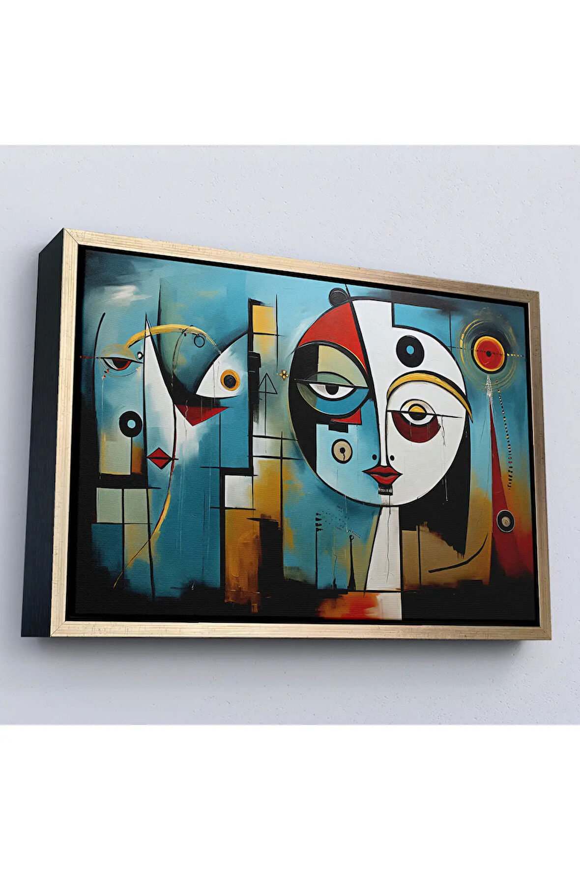 Ahşap Çerçeveli Renkli Soyut Yüzler Tablosu-7233