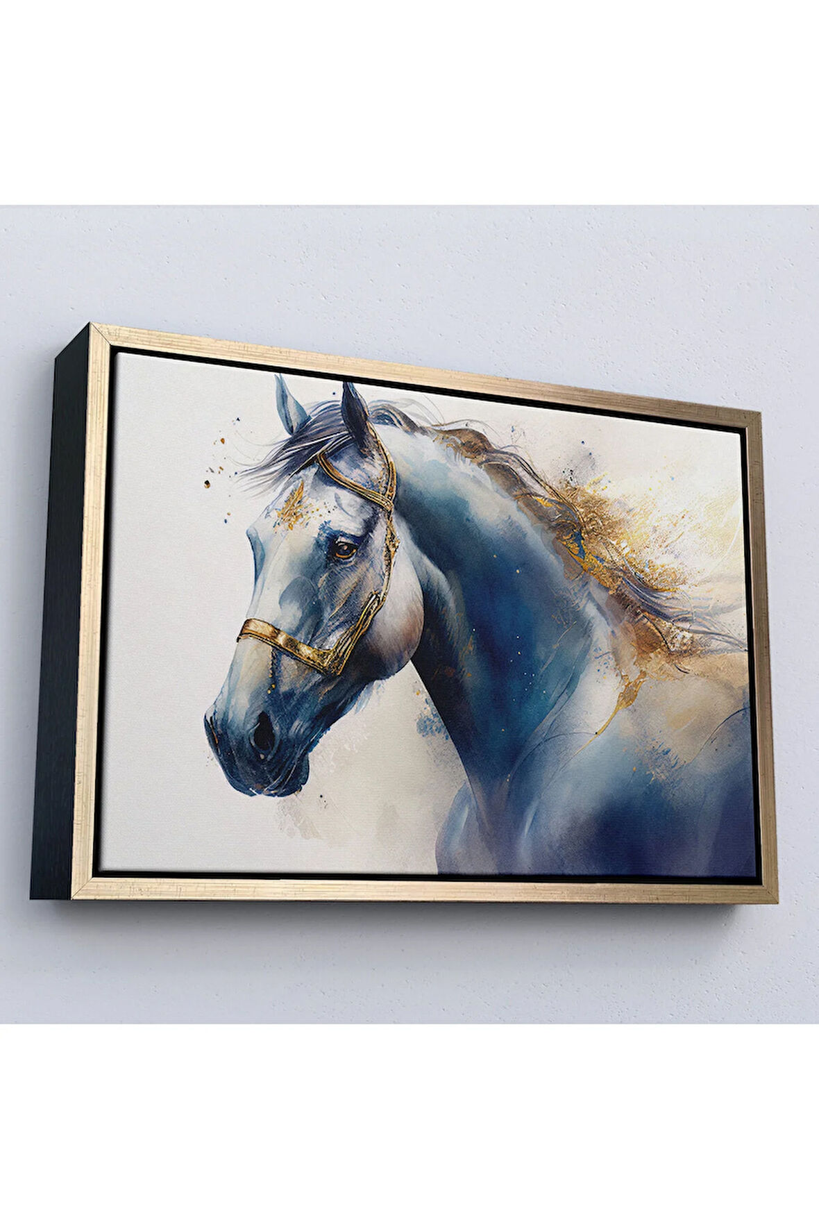 Ahşap Çerçeveli Altın Detaylı Beyaz At Tablosu-7278