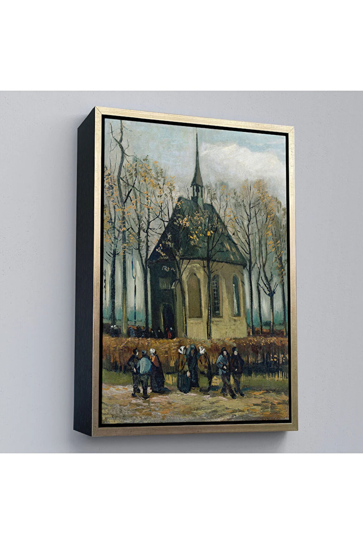 Ahşap Çerçeveli Vincent Van Gogh - Cemaat Nuenen'Deki Reform Kilisesinden Ayrılıyor Tablo-7466