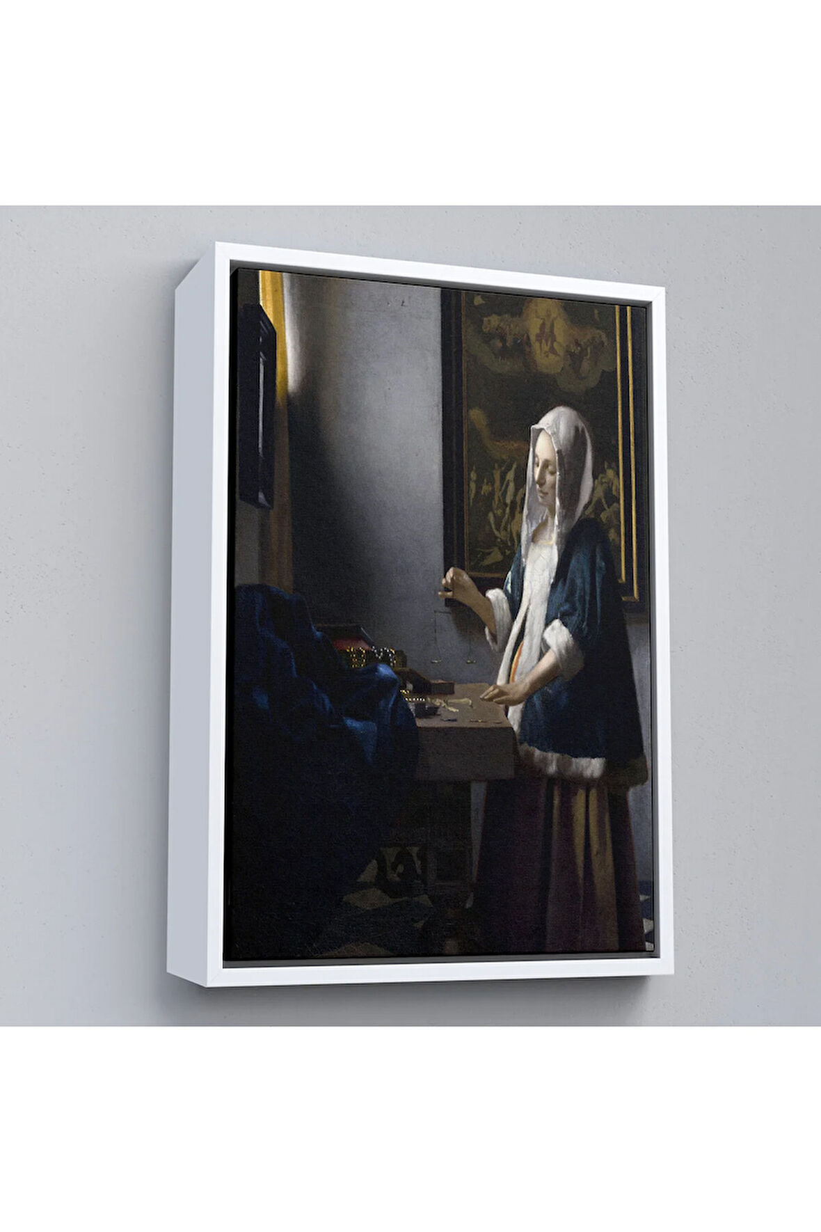 Ahşap Çerçeveli Johannes Vermeer - Teraziyi Tutan Kadın Tablosu - A Woman Holding A Balance-7500