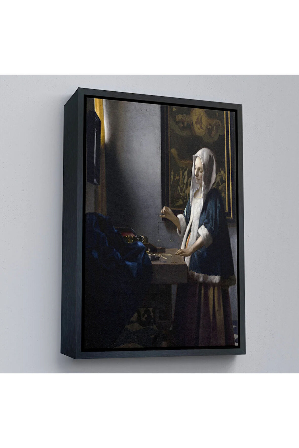 Ahşap Çerçeveli Johannes Vermeer - Teraziyi Tutan Kadın Tablosu - A Woman Holding A Balance-7500