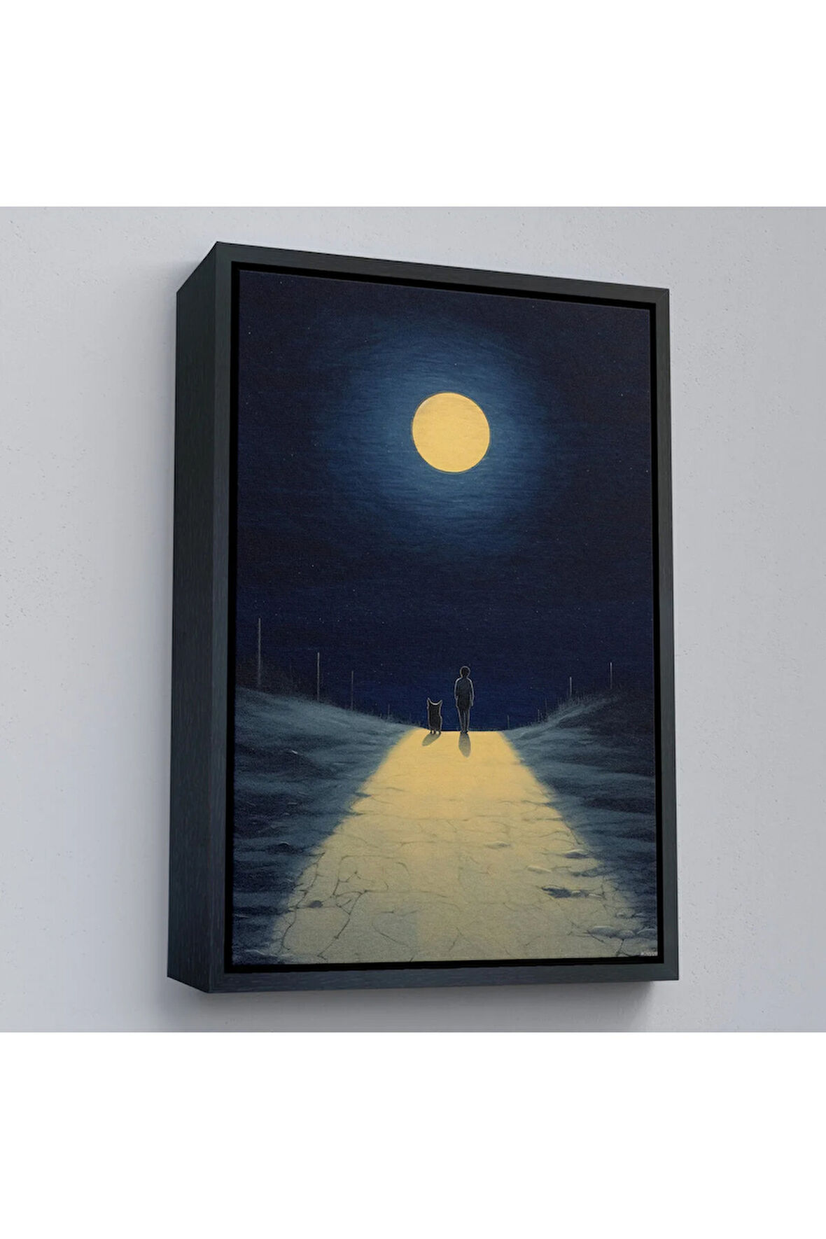 Ahşap Çerçeveli Ay Işığına Yürüyen Kedi Ve Dostu Tablo-7504