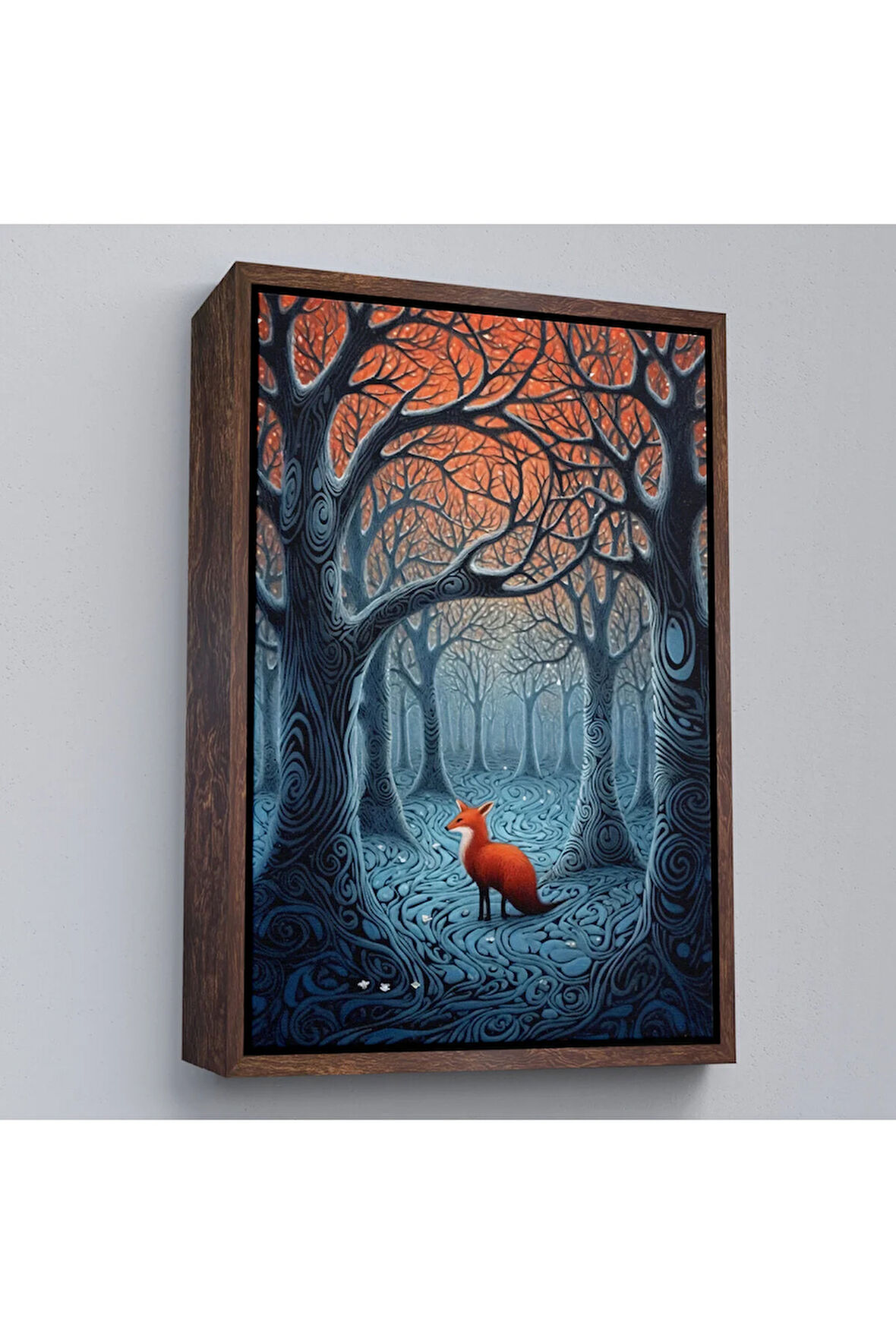 Ahşap Çerçeveli Soyut Ormandaki Sarı Tilki Tablosu-7514